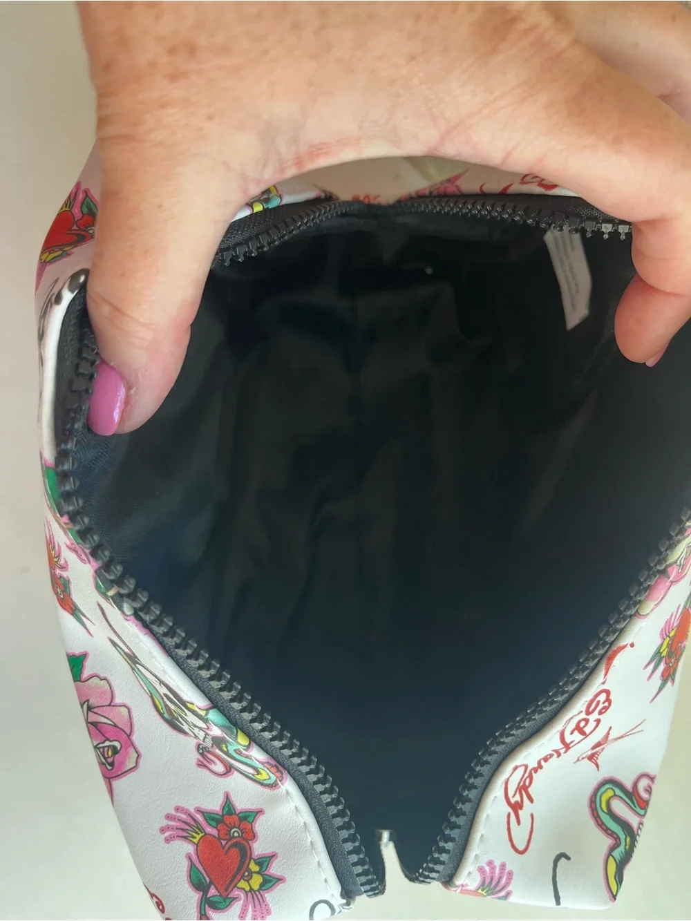 Ed Hardy White Floral & Tattoo-Print Makeup Cosmetic Pouch Tote Bag